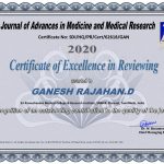 Certificate of excellence in Reviewing by Journal of Advances in Medicine and Medical Research International 